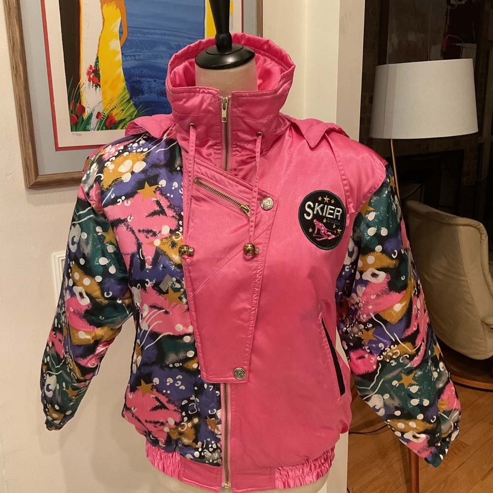 Vintage Giacca Pink Ski Jacket with Multicolor Sleeves